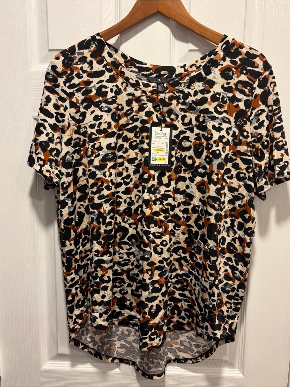 Jules & Leopold Leopard Print Short Sleeve Top in Black, Brown & Cream